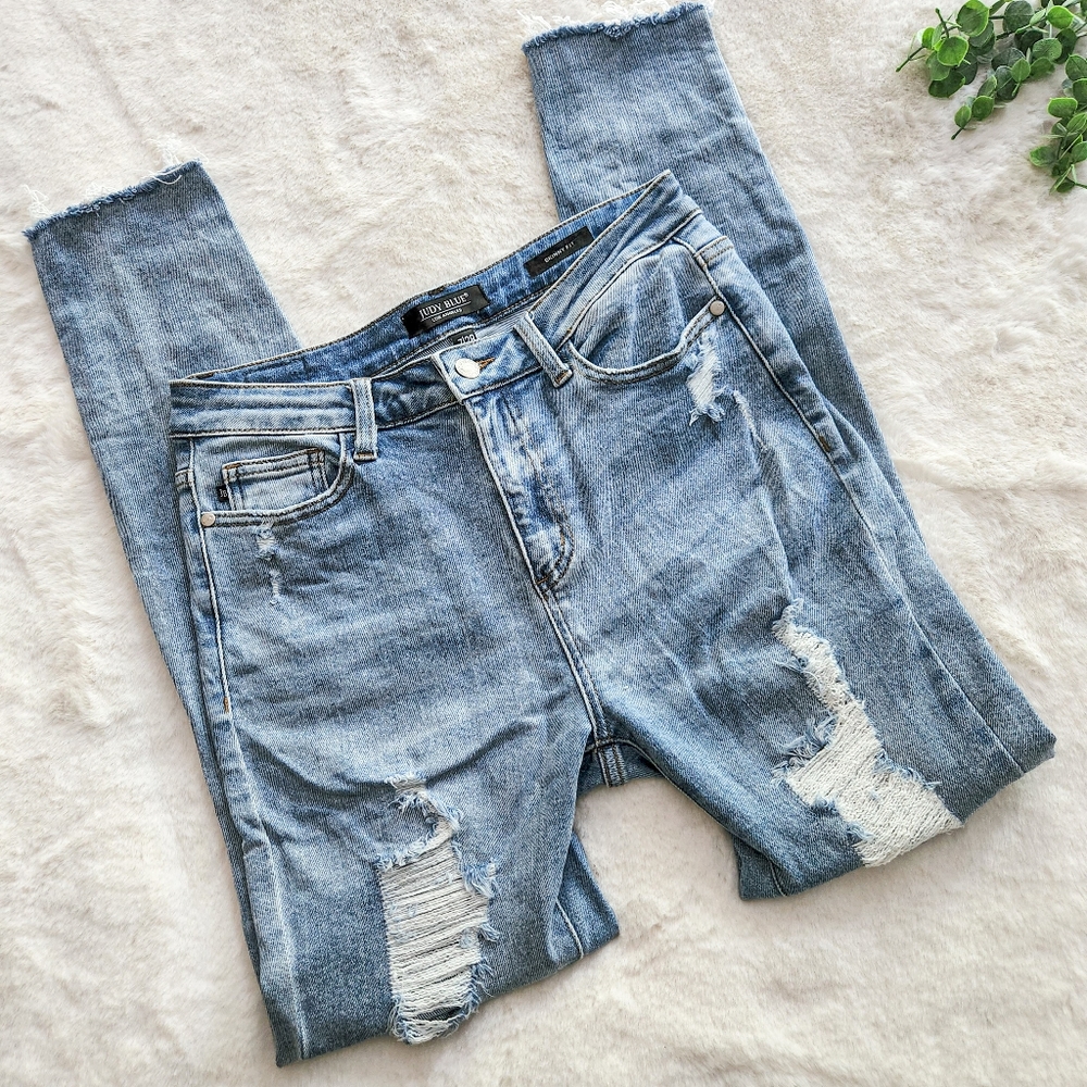 JUDY BLUE DISTRESSED SKINNY FIT HIGH-RISE HIGH RISE JEANS SIZE 7 28 JEAN DENIM